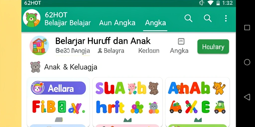 Tampilan antarmuka aplikasi 62HOT saat belajar huruf dan angka.