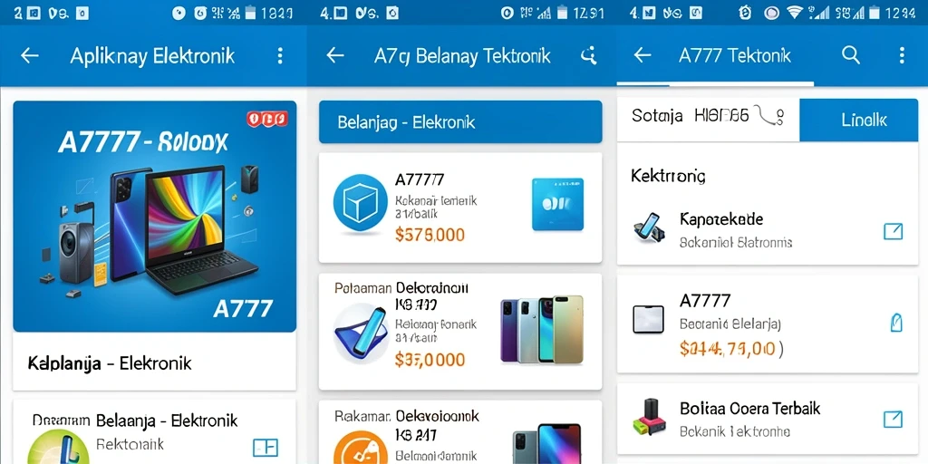 Antarmuka aplikasi A7777 yang intuitif untuk belanja elektronik.